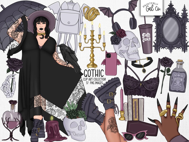 May include: A collection of gothic-themed clip art images, including a woman in a black dress and boots, a skull with a flower crown, a crow, a candelabra, a backpack, a bottle of poison, a gothic-style mirror, a black bra, a coffin, a pair of sunglasses, a phone, a cup of goth juice, a skull planter with a succulent, a candle, and a hand with rings and long nails.