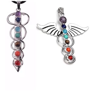 May include: Two silver-toned chakra pendants. One is a vertical design with a snake-like pattern and seven colorful gemstones. The other pendant features a winged design with seven gemstones in a vertical row.