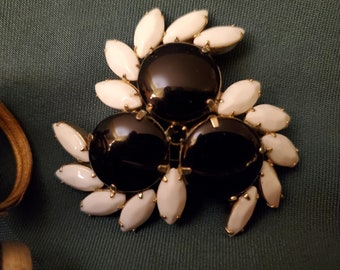 Vintage Black Dome Button and White Faceted Navette Prong Brooch Pin Goldtone Unbranded 1960's