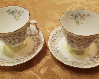 Pair of Signed Vintage Collectible Royal Albert Bone China Teacups Matching Saucers Michael Doulton Harmony Series Arabesque 22K-Gold 1983