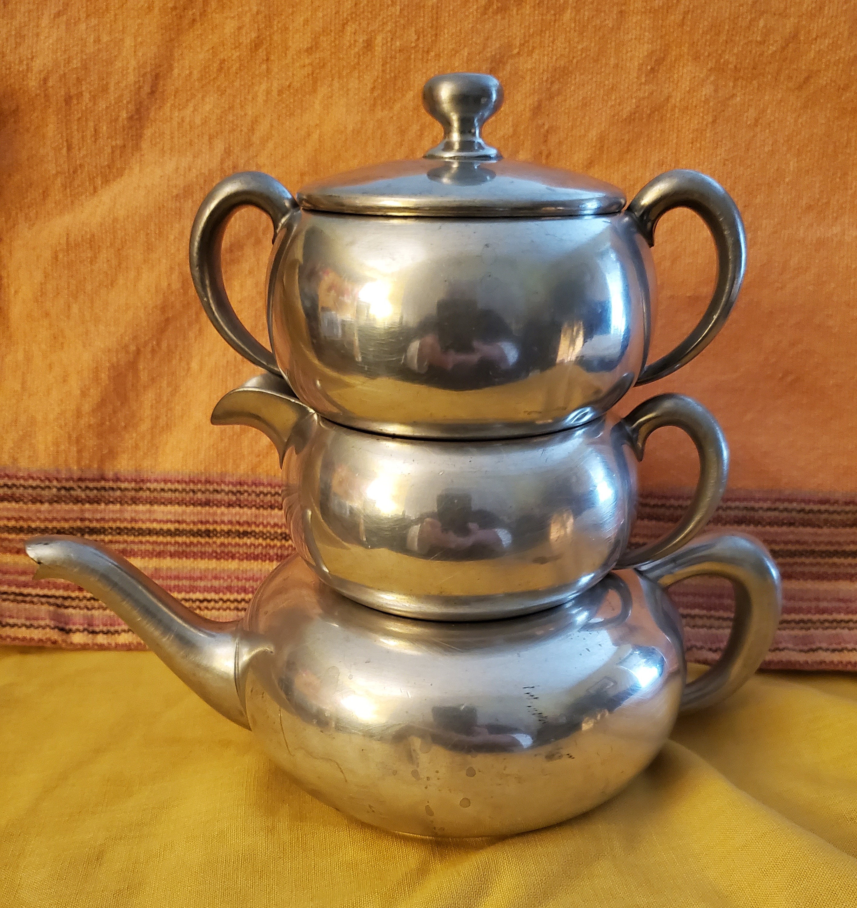 Vintage 4Piece Pewter Teapot Set Tea Service TeaForOne with Creamer
