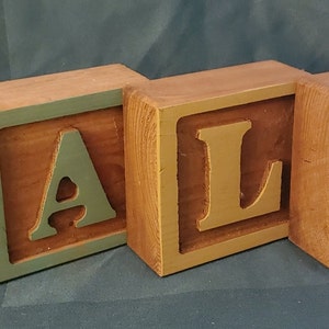 Name TALIA in Five Solid Maple Wood Letter Blocks 3-1/4 X 3-1/4 Engraved Square Pastel Colors image 2