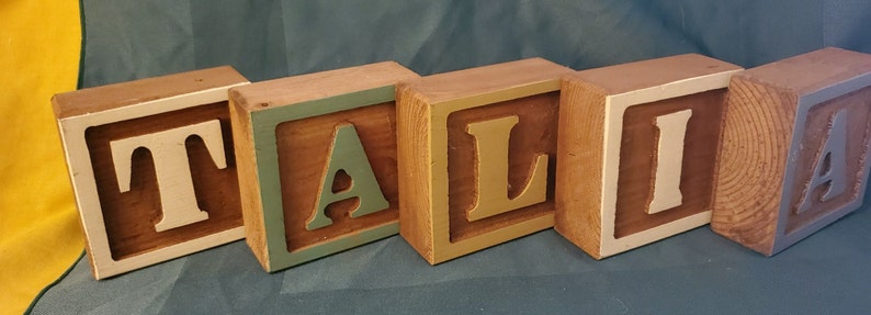 Name TALIA in Five Solid Maple Wood Letter Blocks 3-1/4 X 3-1/4 Engraved Square Pastel Colors image 2