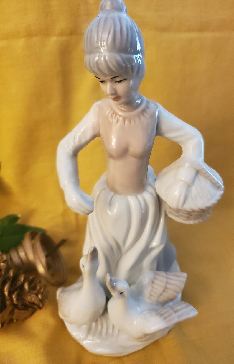Vintage Handpainted Ceramic Figurine Girl With Basket Feeding Ducks Unbranded 8 Inches Tall 1970s