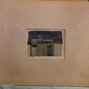 Mounted Original Watercolor Abstract Painting &quot;Top Floors&quot; In Blues by Artist &quot;Cohen&quot; 5-1/2&quot; X 4-1/4&quot; in 14&quot;L X 12&quot;H Cream Mat