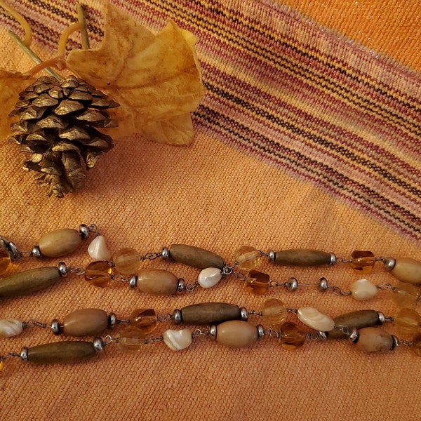 Vintage Cookie Lee Beaded Necklace Abalone, Lucite, and Wood Beads 19-Inch Wire with Signed Charm Dangler