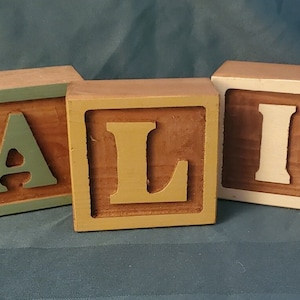 Name TALIA in Five Solid Maple Wood Letter Blocks 3-1/4 X 3-1/4 Engraved Square Pastel Colors
