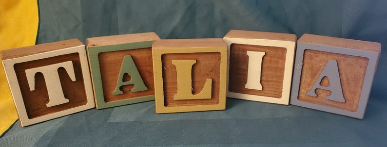 Name TALIA in Five Solid Maple Wood Letter Blocks 3-1/4 X 3-1/4 Engraved Square Pastel Colors image 1