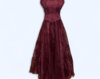 Vestido estilo corsé vintage Rebecca burdeos con cuentas, años 90, falda de organza transparente