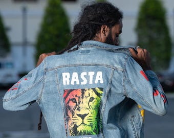 Cooyah Men's Rasta Lion Denim Jacket Hand-printed - Etsy Canada
