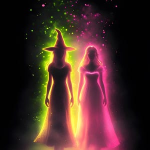 Peut inclure: Illustration numérique de deux silhouettes, l'une portant un chapeau de sorcière et une robe, l'autre une robe. La silhouette de la sorcière est éclairée de vert et de jaune, l'autre de rose. Les deux se détachent sur fond noir.