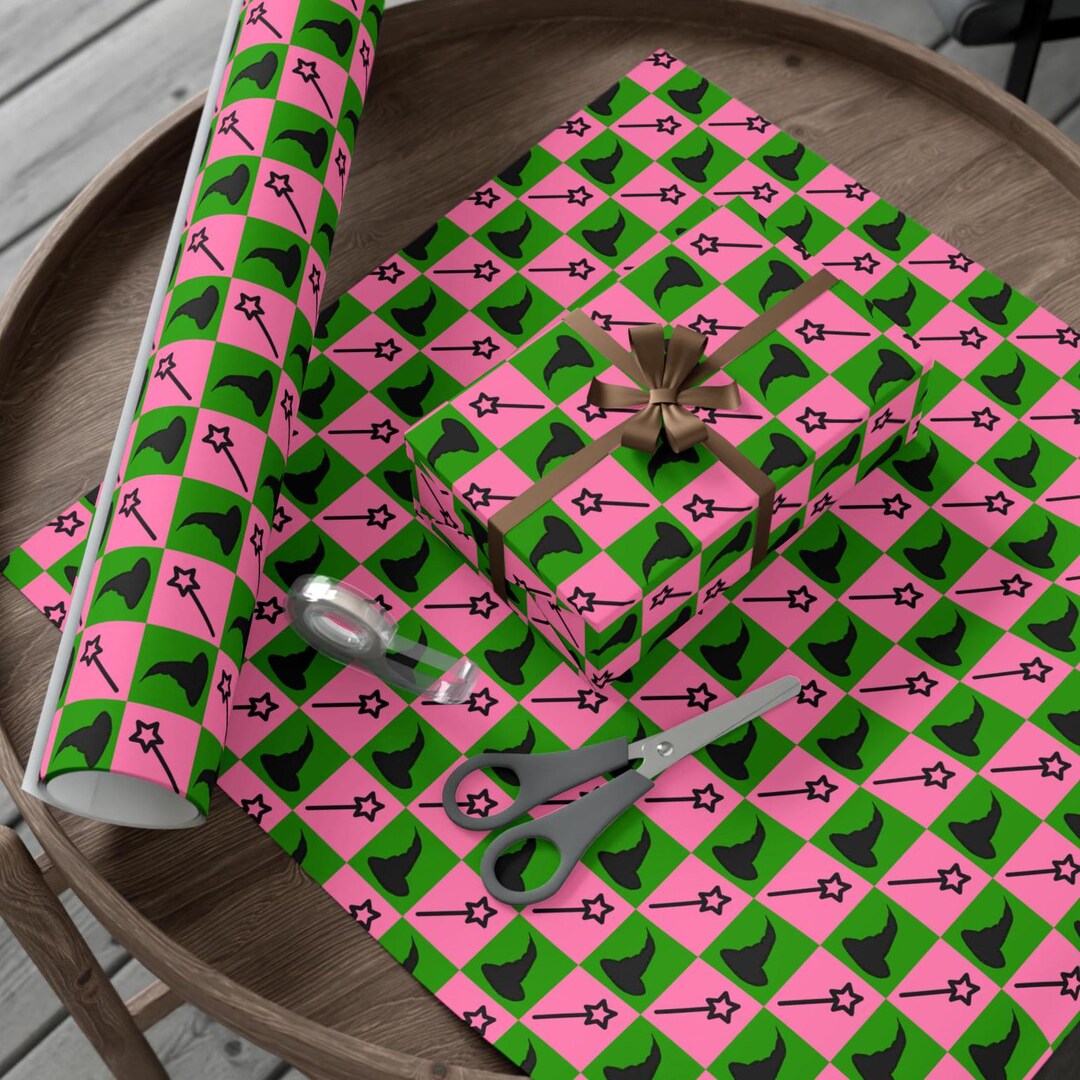 Wicked Rapping Paper Wicked Inspired Wrapping Paper – Pink and Green Squares, Hat and Wand ...