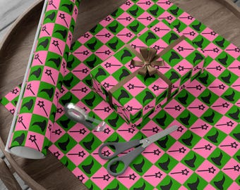 Wicked Inspired wrapping paper - Pink squares with Glinda&#39;s wand & Green squares with Elphaba&#39;s hat