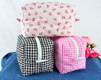 Small Handmade Quilted Cotton Boxy Bag - Makeup Cosmetic Travel Everything Bag - Gingham or Cherries