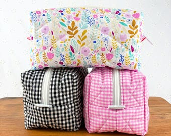 Medium Handmade Quilted Cotton Floral Boxy Bag - Gingham Makeup Travel Hair Care Everything Bag