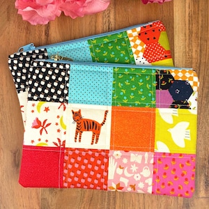 Handmade Colorful Patchwork Quilted Zipper Pouch - Purse Organization, Cosmetic Tech Travel - Ruby Star Society Tiger Cotton Designer Fabric