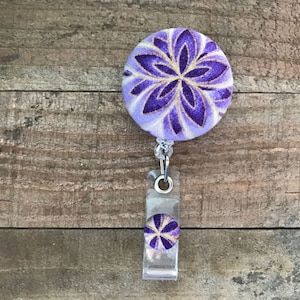 Retractable ID/Badge Holder-Fabric Badge Reel-Retractable Badge Reel-Badge Reel-ID Badge Holder-Nurse Gift-Purple and Metallic Gold Flower