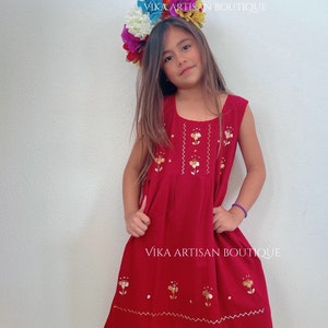 Must sizes Mexican Hand embroidered dress Red Cherry color -  Mexican Party- fall dress
