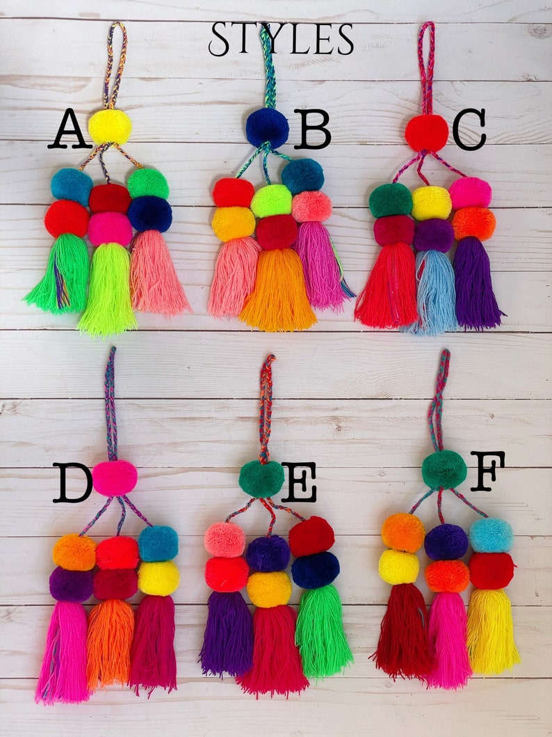 Multicolor Tassel Pom Poms for Bags Stacked Tassel Tie On-rear View ...
