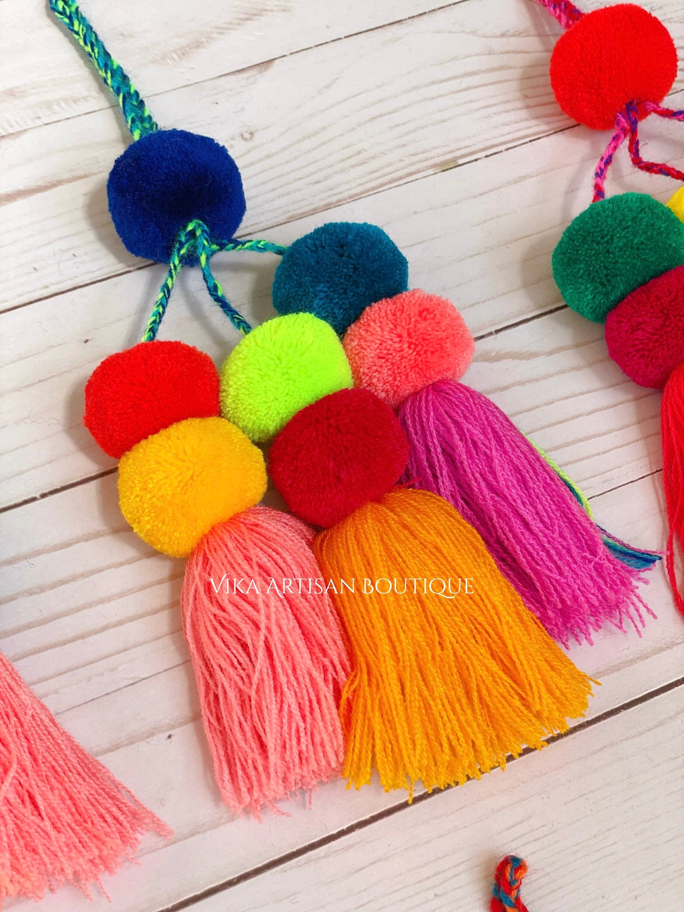 Multicolor Tassel Pom Poms for Bags Stacked Tassel Tie On-rear View ...
