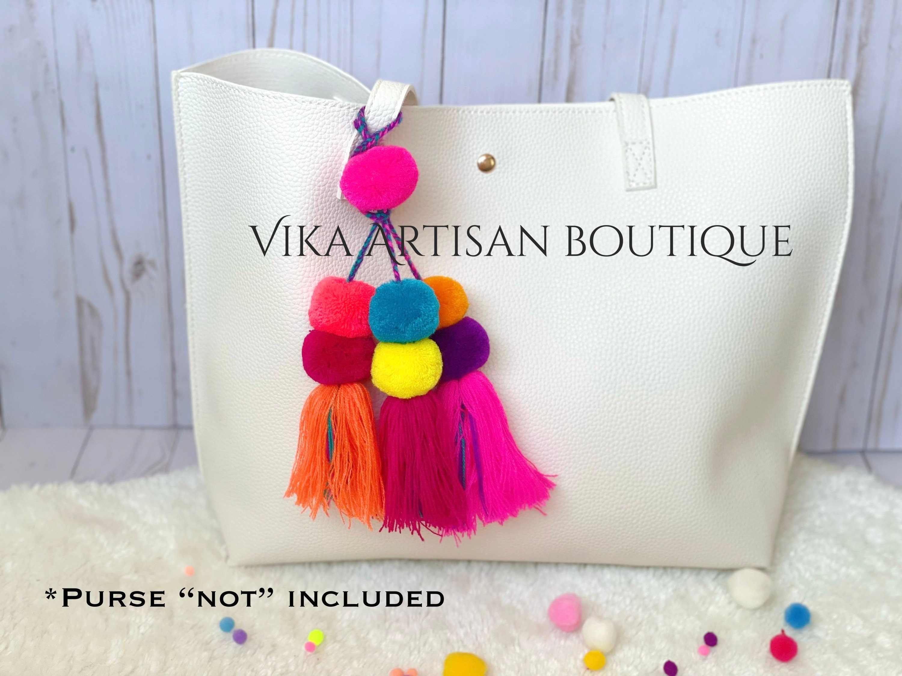 Multicolor Tassel Pom Poms for Bags Stacked Tassel Tie On-rear View ...