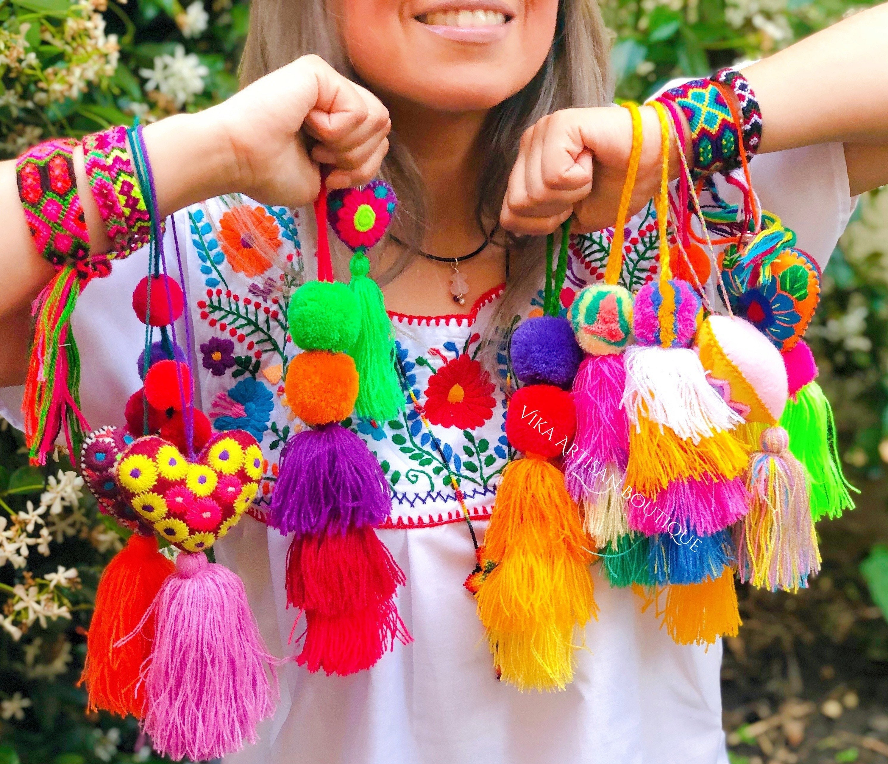 Tassel Pom Poms for Bags Stacked Tassel Tie On Rear View Mirror Doorknobs Heart Pom Poms Mexican Style Tassels Etsy
