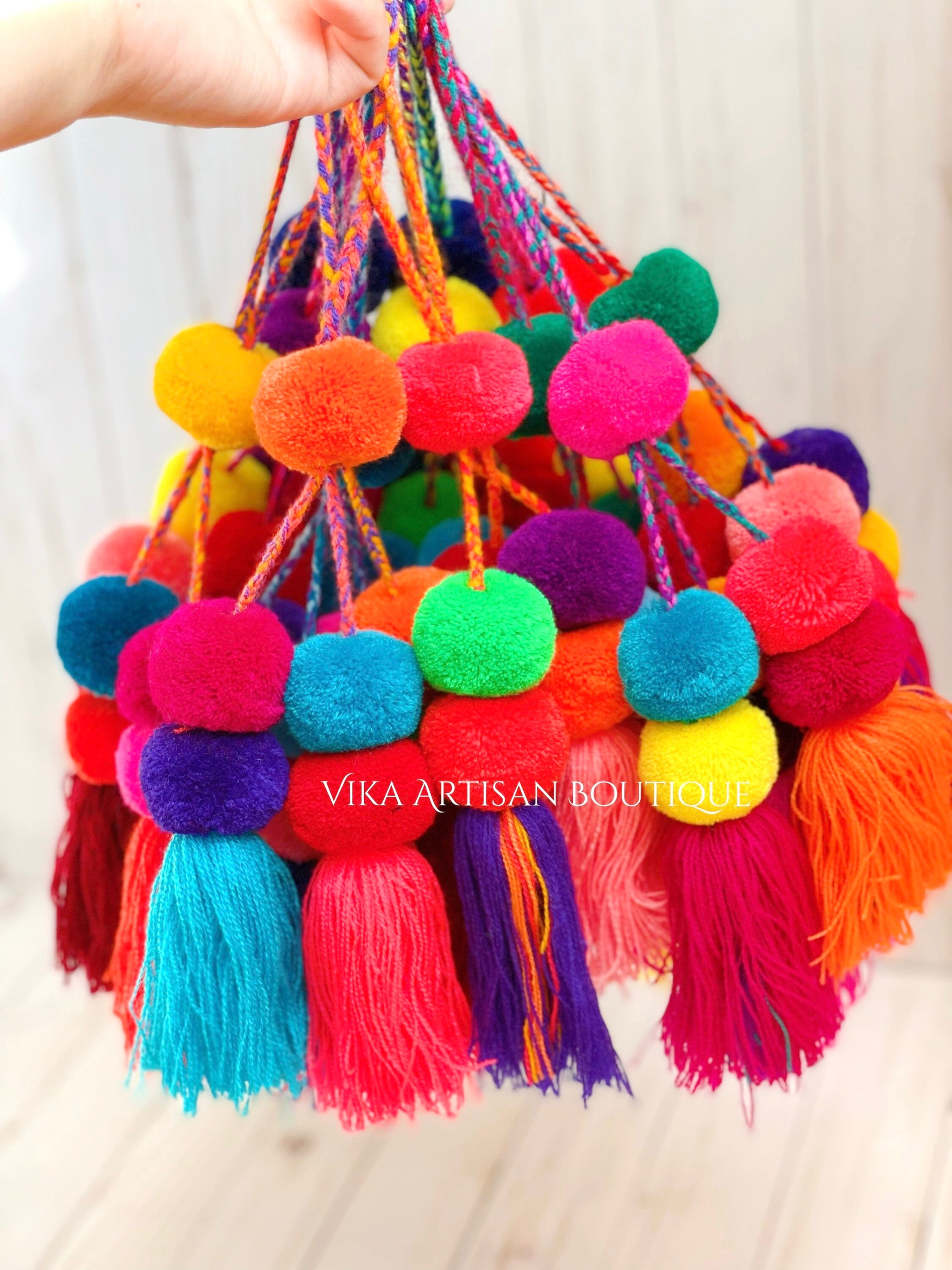 Multicolor Tassel Pom Poms for Bags Stacked Tassel Tie On-rear View ...