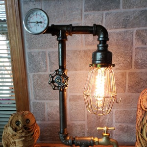 Rustic Art Deco Industrial Pipe steampunk style lamp with Valve on/off switch, spigot, and temperature gauge on metal bushing base image 3