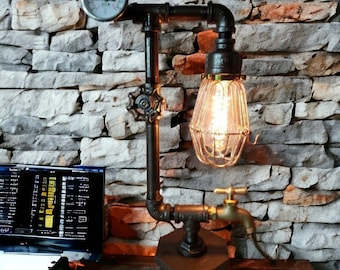 Rustic Art Deco Industrial Pipe steampunk style lamp with Valve on/off switch, spigot, and temperature gauge on metal bushing base