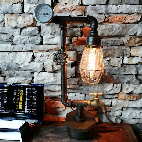 Rustic Art Deco Industrial Pipe steampunk style lamp with Valve on/off switch, spigot, and temperature gauge on metal bushing base