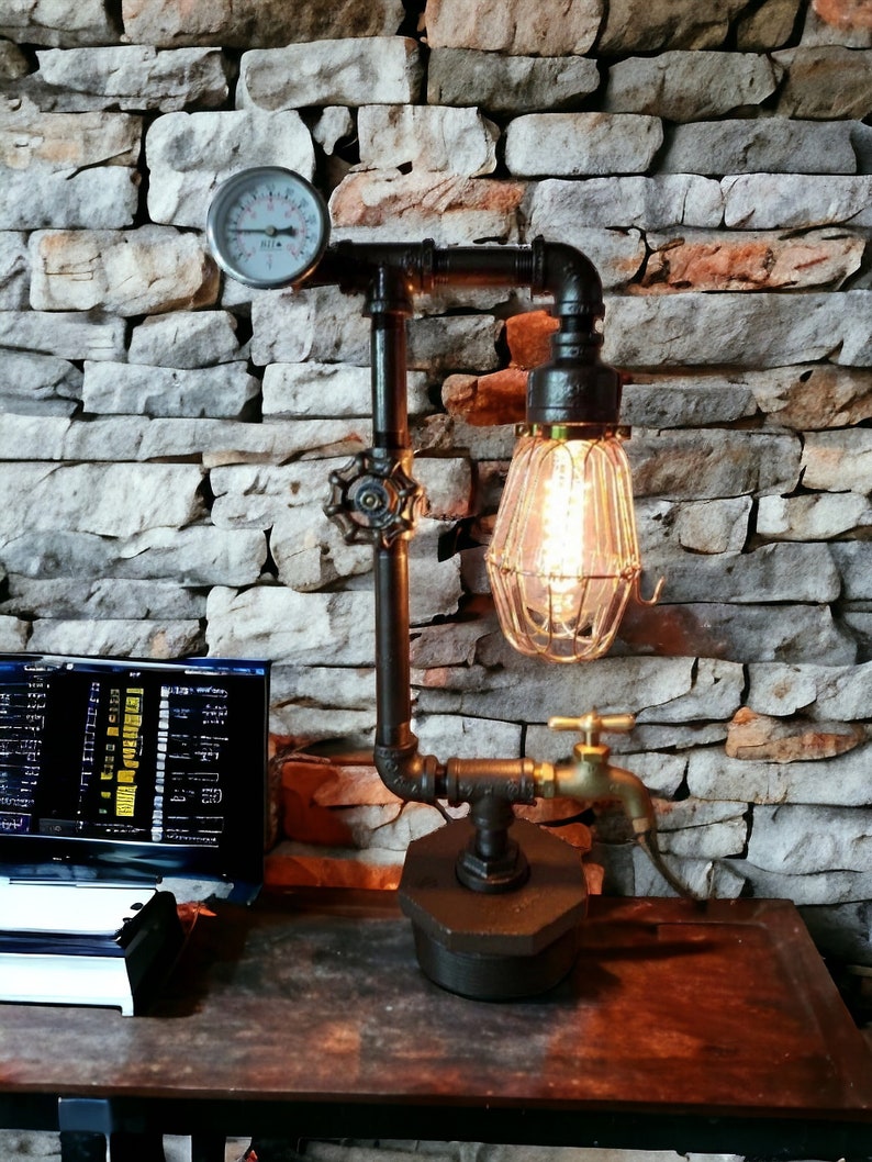 Rustic Art Deco Industrial Pipe steampunk style lamp with Valve on/off switch, spigot, and temperature gauge on metal bushing base image 1