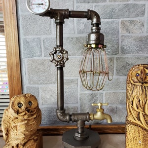 Rustic Art Deco Industrial Pipe steampunk style lamp with Valve on/off switch, spigot, and temperature gauge on metal bushing base image 4
