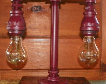 Handcrafted  Mini 2 tier Industrial Pipe Lamp with edison bulbs in Cranberry