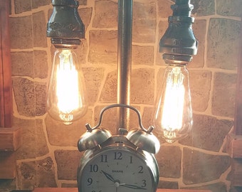 Handcrafted Industrial Pipe Lamp with edison bulbs in Silver with Vintage alarm clock