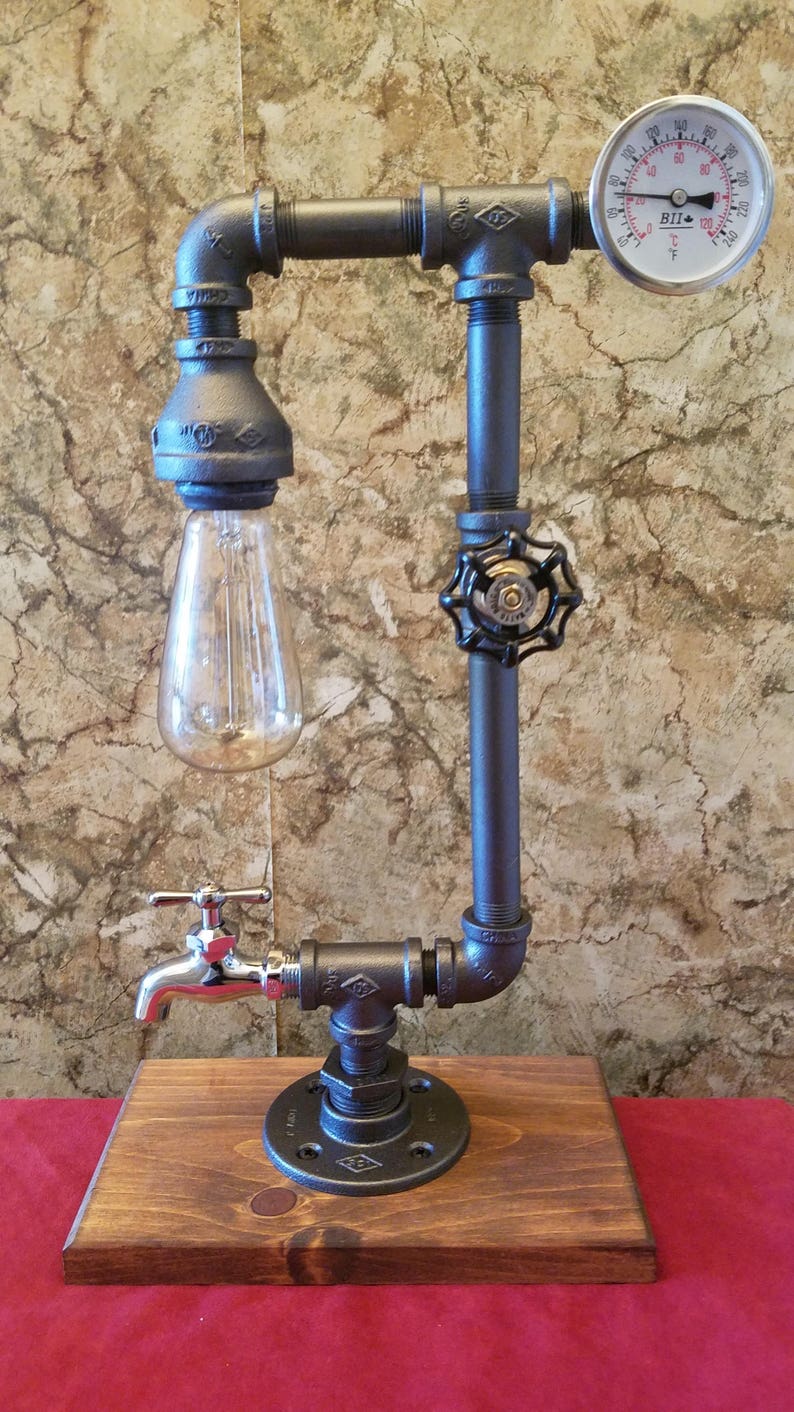 Retro Steampunk Lamp Table Desk Valve On Off Switch Temperature Gauge And Stainless Steel Spigot