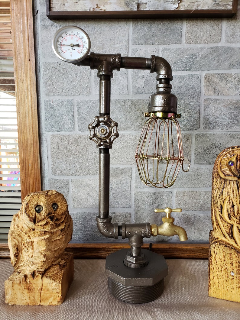 Rustic Art Deco Industrial Pipe steampunk style lamp with Valve on/off switch, spigot, and temperature gauge on metal bushing base image 5