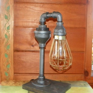 Handcrafted Industrial Pipe waterspout Lamp in Silver with Cage