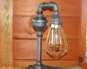 Handcrafted Industrial Pipe waterspout Lamp in Silver with Cage