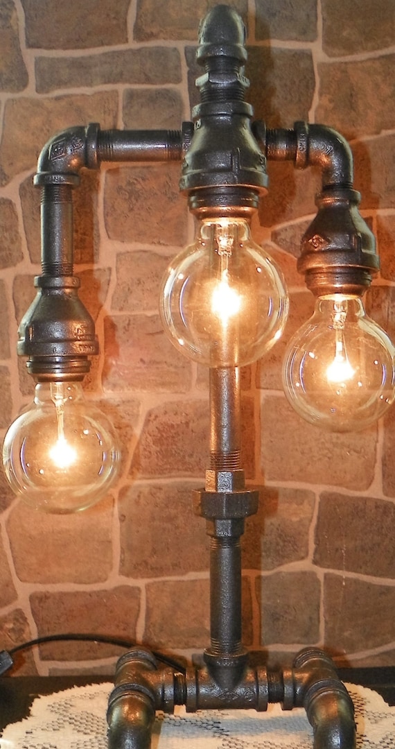 Industrial Pipe Three Tier Lamp steampunk style with vintage bulbs