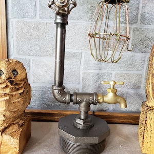 Rustic Art Deco Industrial Pipe steampunk style lamp with Valve on/off switch, spigot, and temperature gauge on metal bushing base image 6