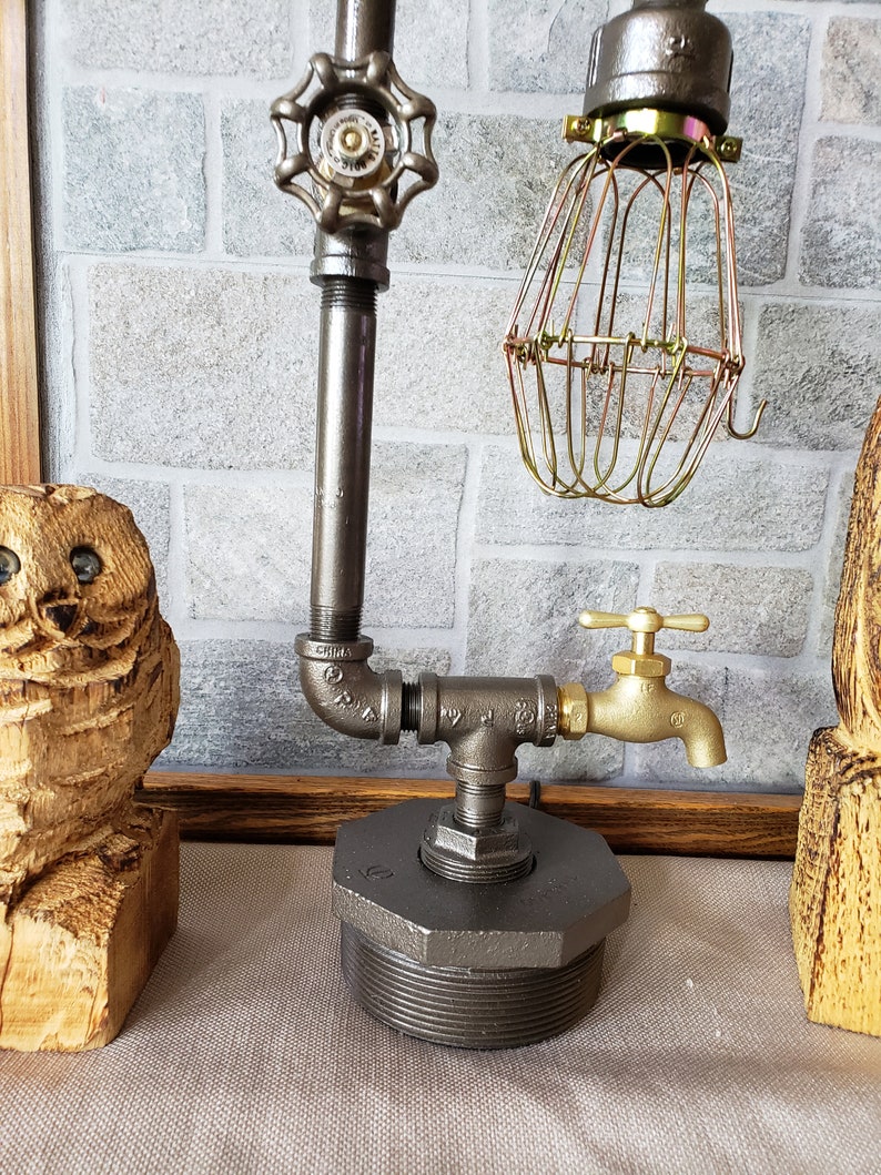 Rustic Art Deco Industrial Pipe steampunk style lamp with Valve on/off switch, spigot, and temperature gauge on metal bushing base image 6