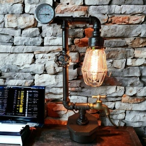 Rustic Art Deco Industrial Pipe steampunk style lamp with Valve on/off switch, spigot, and temperature gauge on metal bushing base image 2