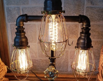 Table lamp Industrial handcrafted Retro style Industrial 3 bulb Lamp with bulb cages