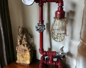 Retro Industrial Pipe steampunk style lamp with Valve on/off switch, spigot, and temperature gauge on metal base