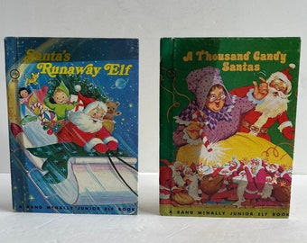 Set of Two Rand McNally Junior Elf Books - A Thousand Candy Santas - Santa's Runaway Elf - Children's Christmas - Christmas Eve - 1970s Book