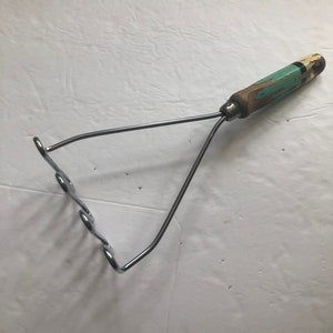 Vintage Potato Masher - Turquoise Wood Handle - Kitchen Gadget - Farmhouse Decor - Primitive Kitchen - Teal Kitchen - Baking Tool