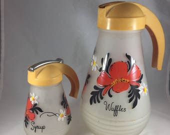 Hazel Atlas Waffle and Syrup Pitchers - Floral Pitchers - Waffle Pourer - Syrup Container - 1950s Kitchen - Breakfast Pitchers