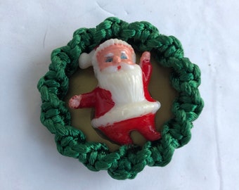 Santa Claus Brooch - Christmas Jewelry - Vintage Handmade - Small Holiday Piece - Kitschy Christmas - Plastic Santa Pin - Green and Red