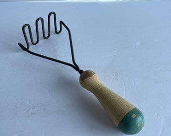 Vintage Potato Masher - Turquoise Wood Handle - Kitchen Gadget - Farmhouse Decor - Primitive Kitchen - Teal Kitchen - Baking Tool