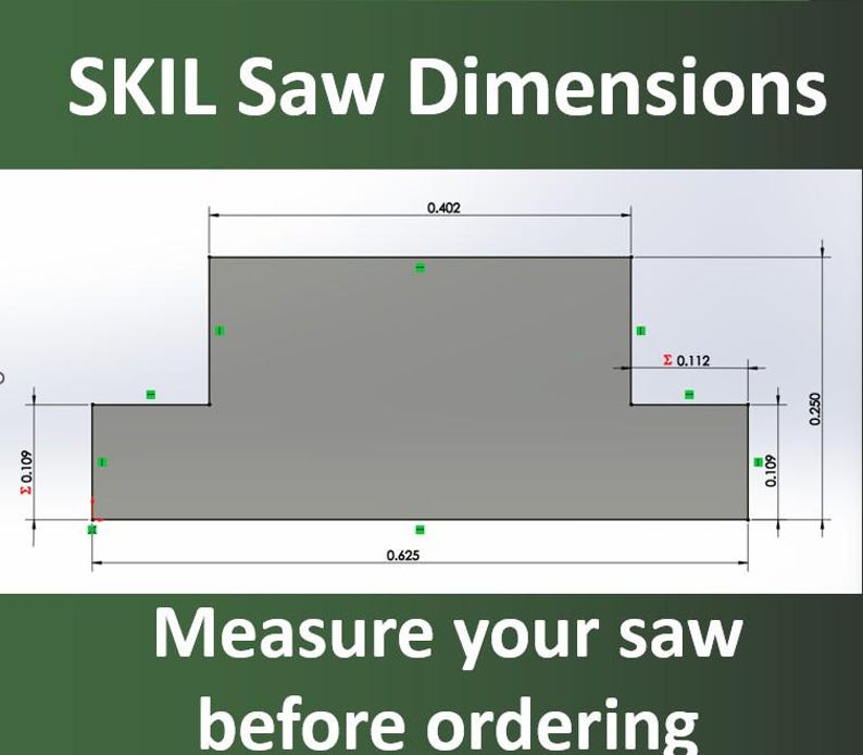 May include: Diagram of a SKIL saw with dimensions in inches. The image includes measurements of 0.402, 0.625, 0.109, 0.250, and 0.112 inches. Text at the top reads "SKIL Saw Dimensions" and at the bottom "Measure your saw before ordering."